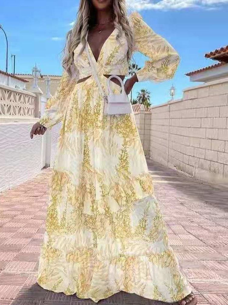 Robe Maxi Longue À Imprimé Végétal Et Col En V Pour Femmes