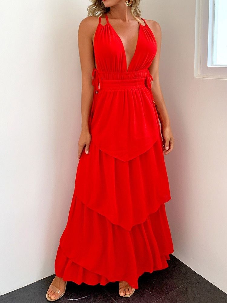 Robe Maxi Longue Rouge Sans Manches En Patchwork Pour Femmes Robe D'invité De Mariage