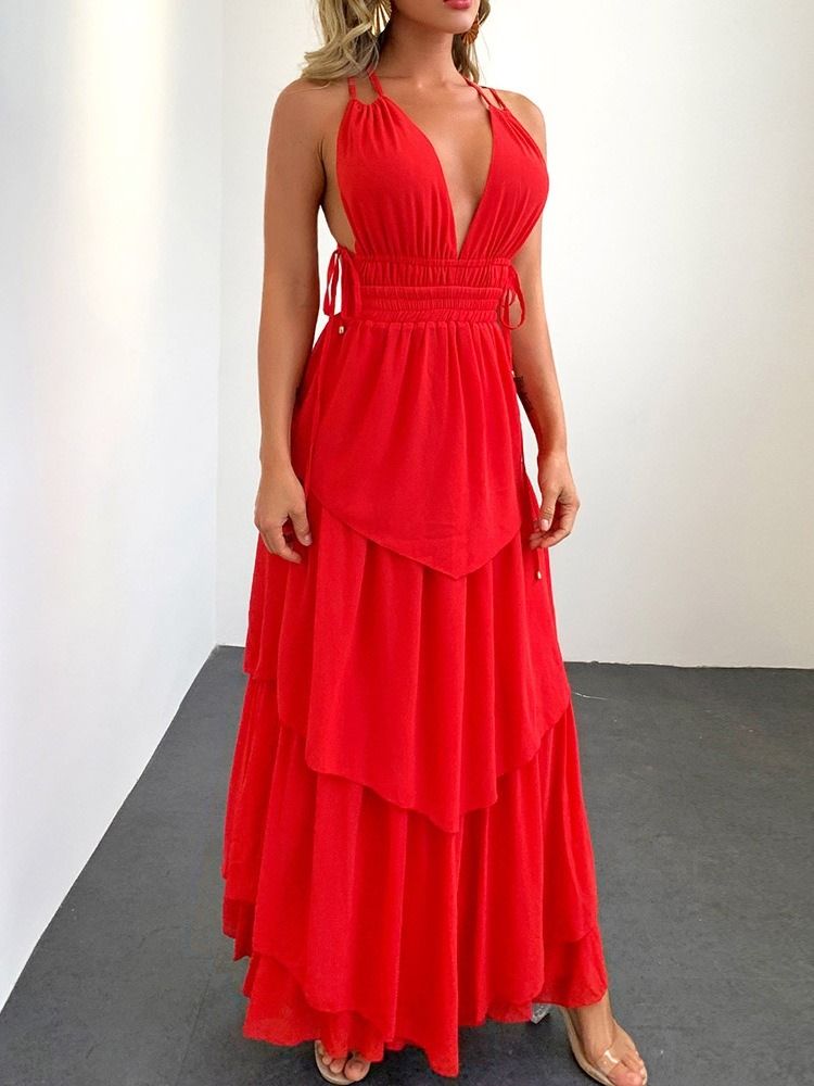 Robe Maxi Longue Rouge Sans Manches En Patchwork Pour Femmes Robe D'invité De Mariage