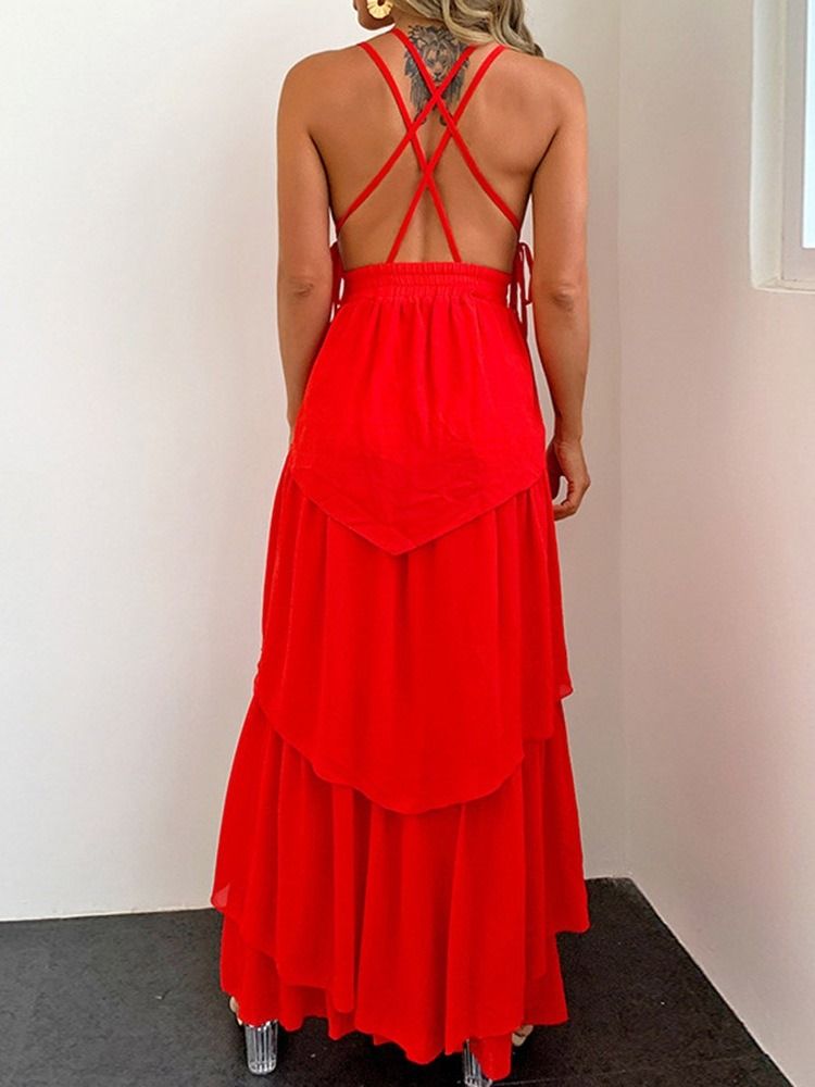 Robe Maxi Longue Rouge Sans Manches En Patchwork Pour Femmes Robe D'invité De Mariage