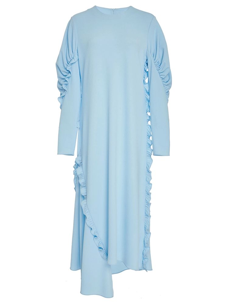 Robe Maxi Plissée À Manches Longues Asymétrique À Volants Pour Femmes