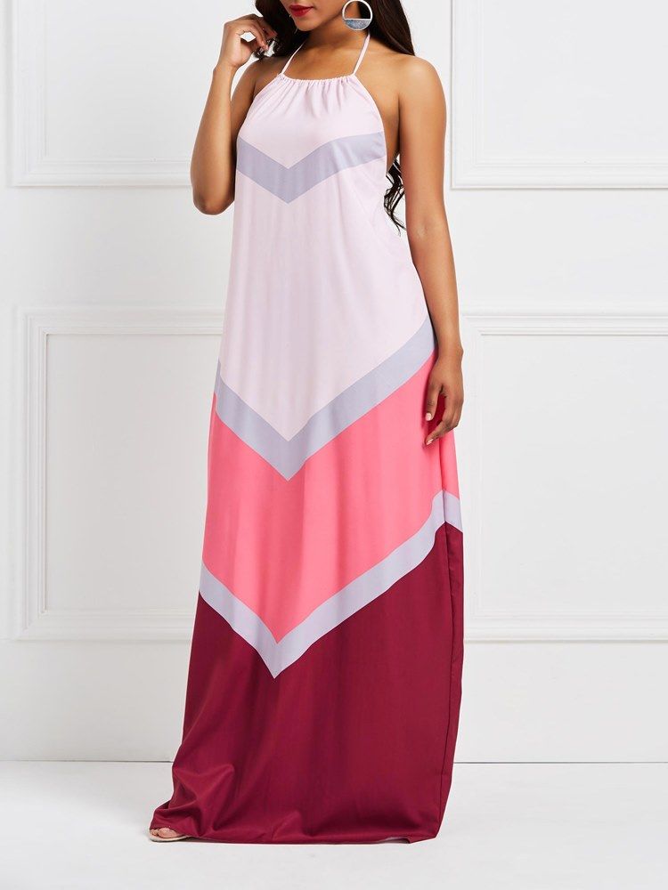 Robe Maxi Rose Dos Nu Géométrique À Blocs De Couleurs Pour Femmes