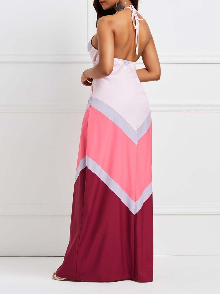 Robe Maxi Rose Dos Nu Géométrique À Blocs De Couleurs Pour Femmes