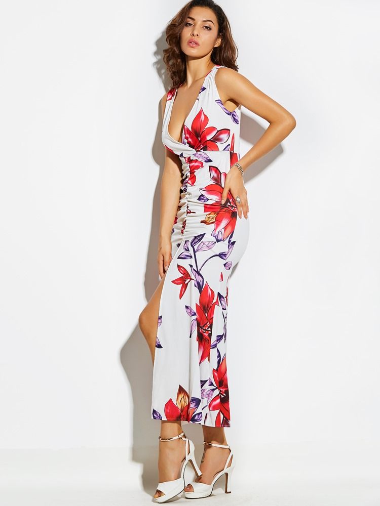 Robe Moulante Fleurie Sans Manches À Fente Sur Le Devant Pour Femme