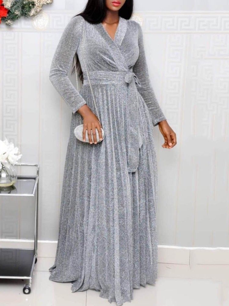 Robe Plissée D'automne À Col En V Et À Lacets Pour Femmes