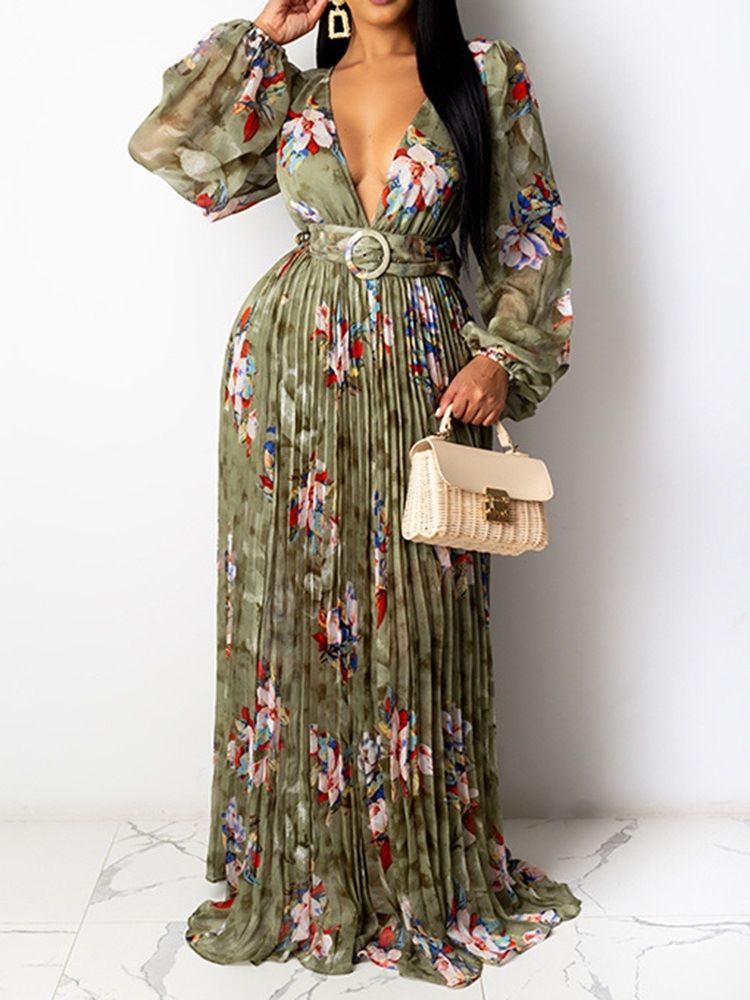 Robe Plissée À Manches Longues Et Au Sol Pour Femmes