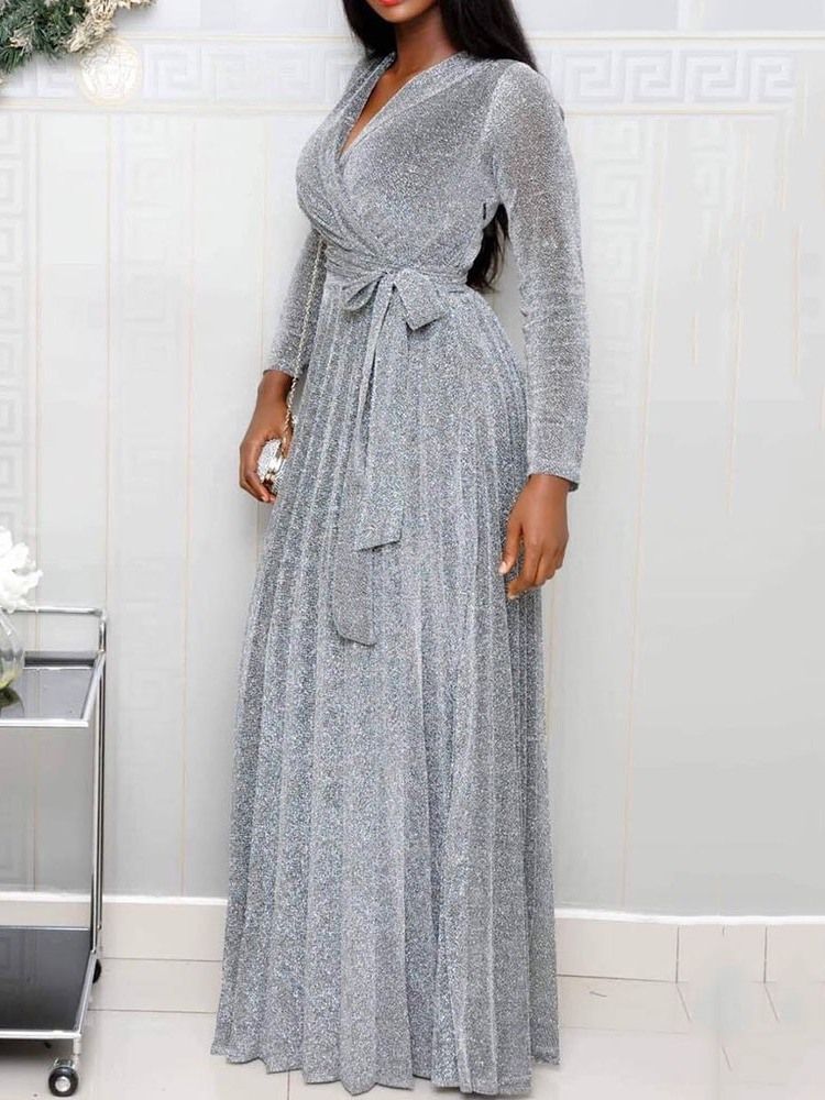 Robe Plissée À Manches Longues Et À Manches Longues Pour Femmes