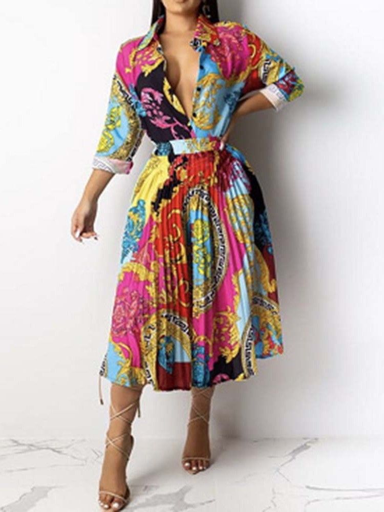 Robe Plissée Printanière À Manches Longues Et Mi-mollet Pour Femmes