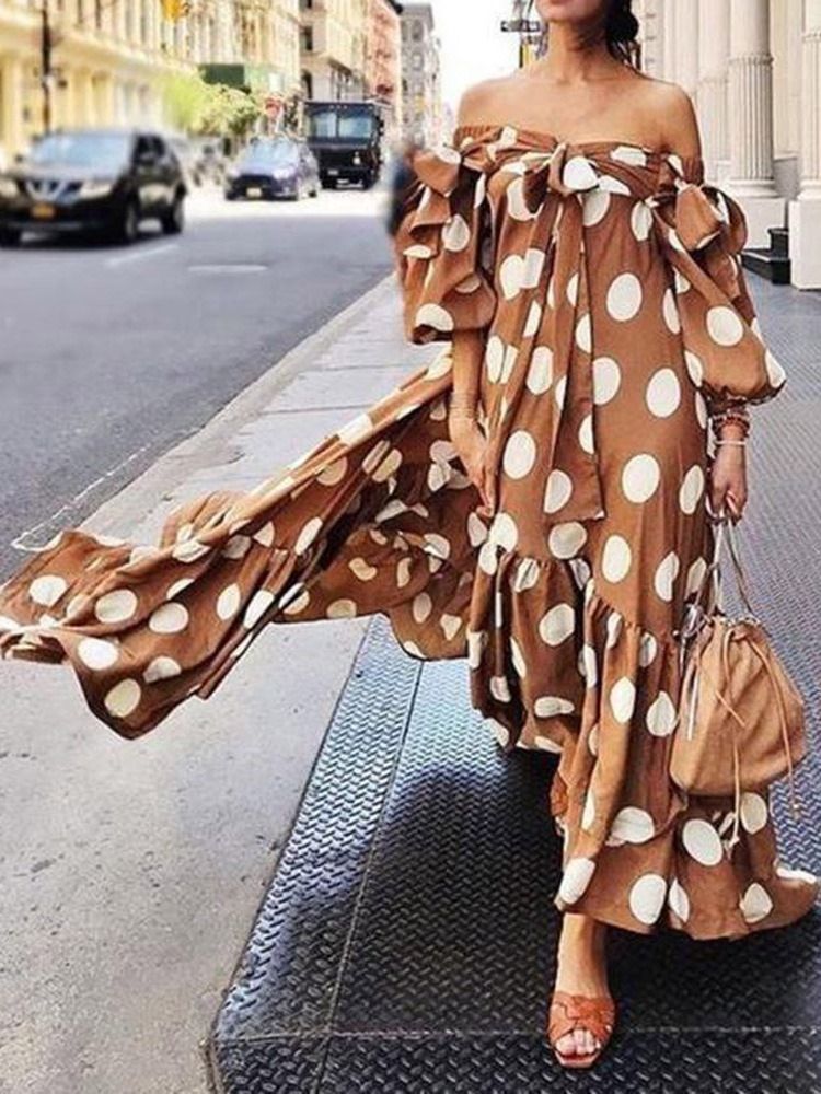 Robe À Pois À Manches Longues Et Épaules Dénudées Pour Femmes