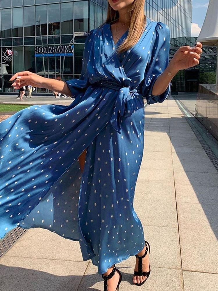 Robe À Pois De Plage À Lacets À Manches Trois-quarts Et À La Cheville Robes De Plage Pour Femmes