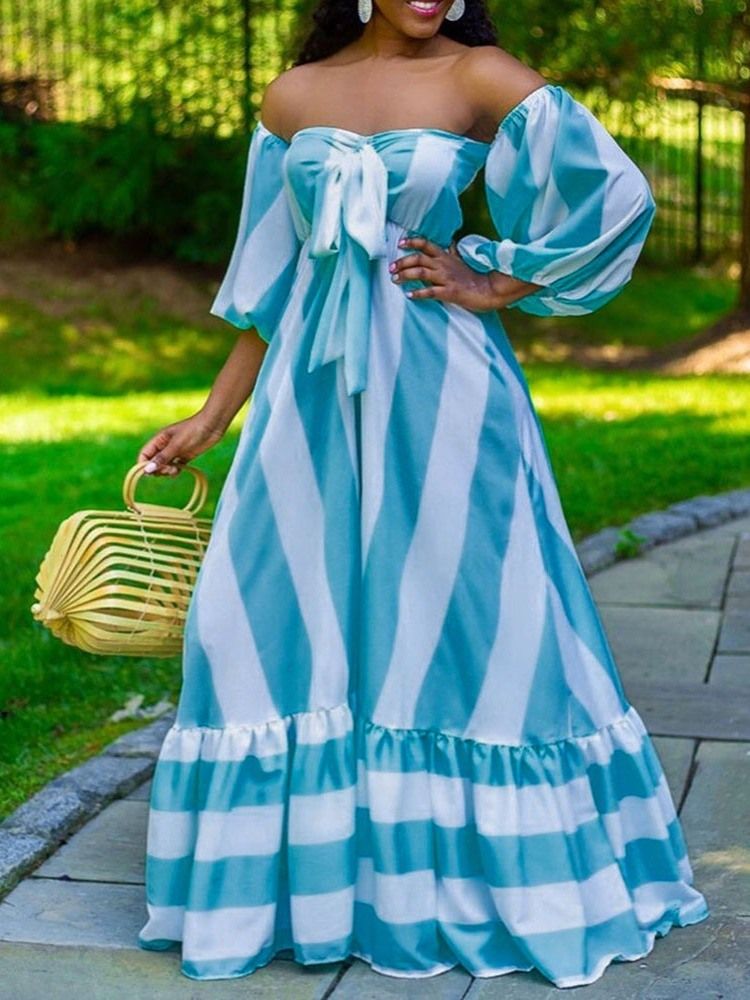 Robe À Rayures Taille Haute Avec Nœud Papillon Et Manches Neuf Points Pour Femmes