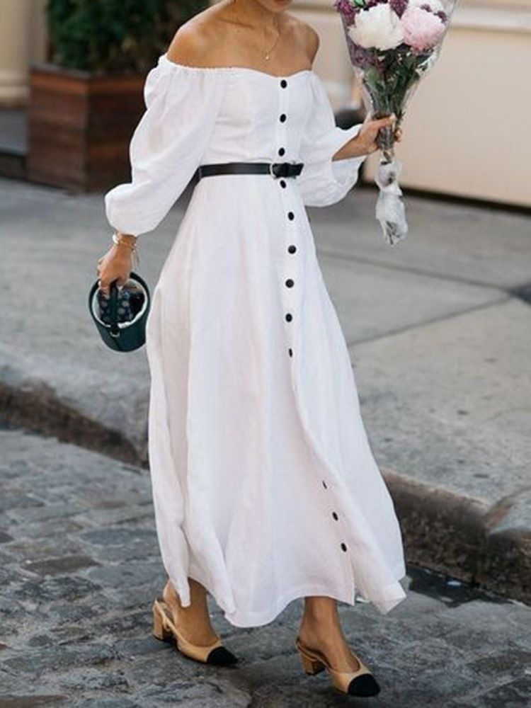 Robe Simple Boutonnée À Manches Longues Et Au Sol Pour Femmes