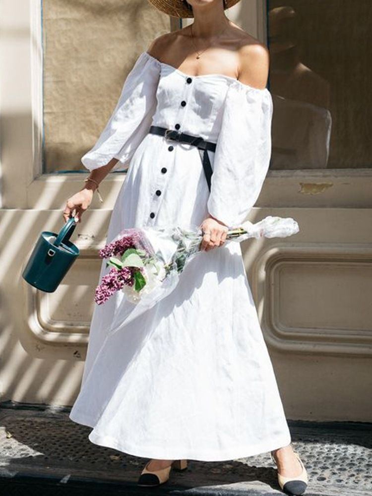 Robe Simple Boutonnée À Manches Longues Et Au Sol Pour Femmes