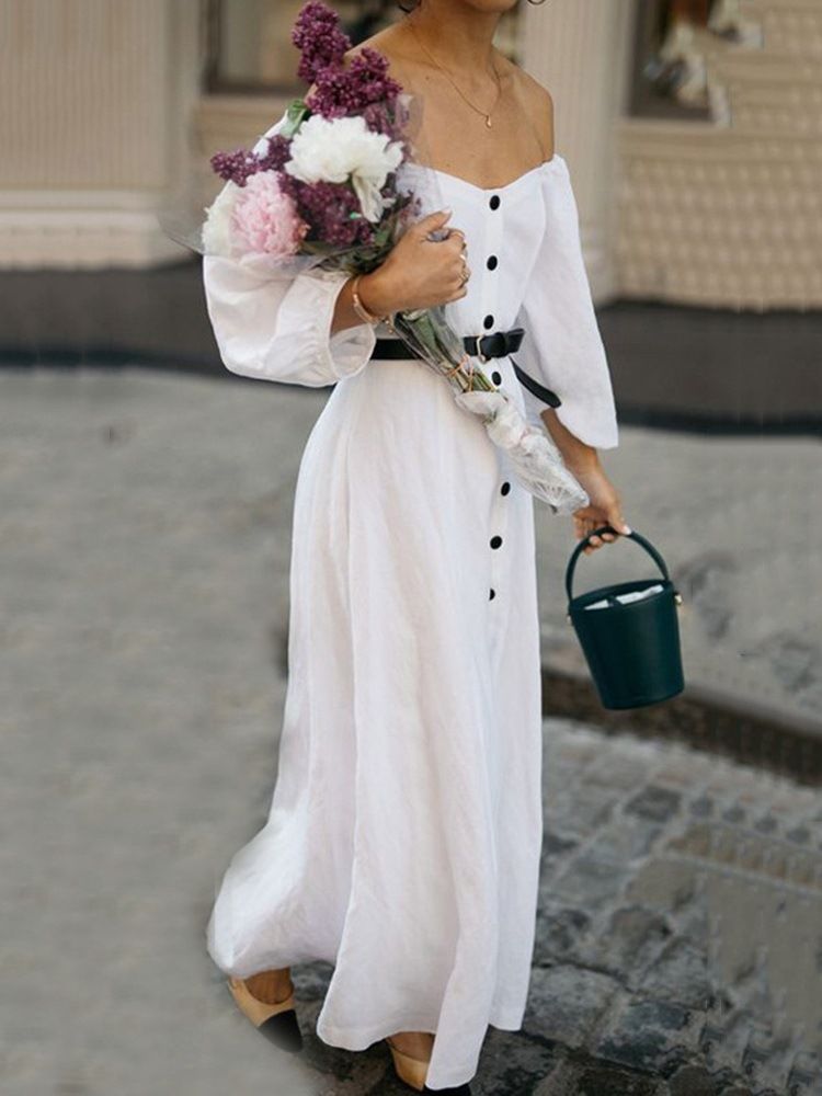 Robe Simple Boutonnée À Manches Longues Et Au Sol Pour Femmes