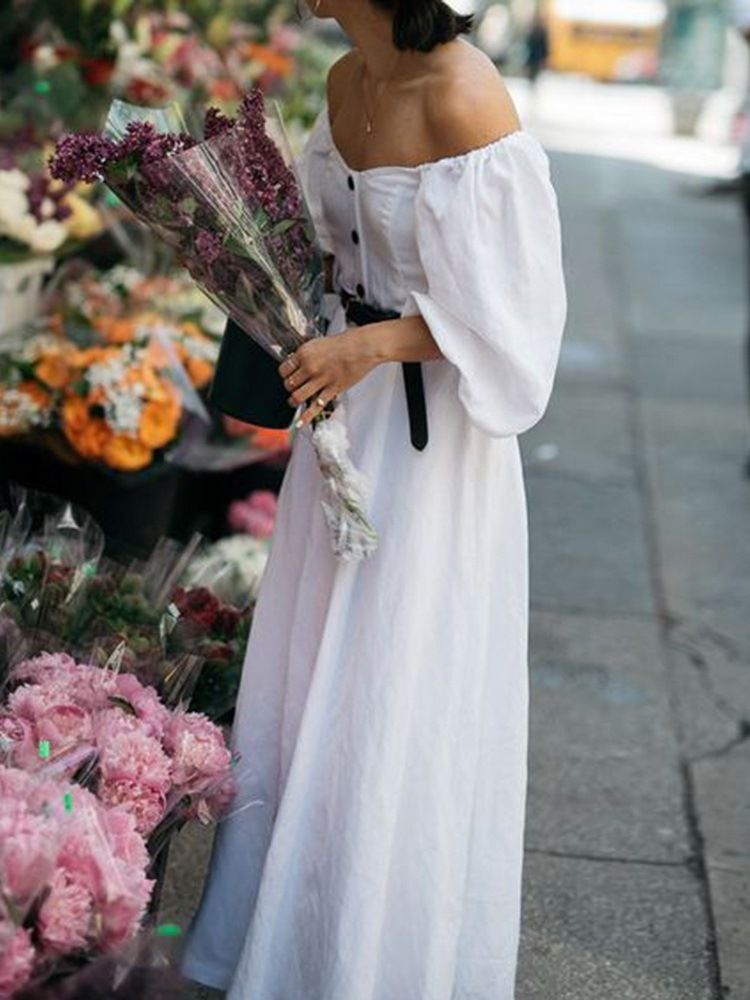 Robe Simple Boutonnée À Manches Longues Et Au Sol Pour Femmes