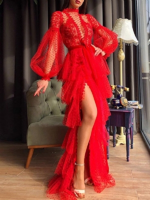 Robe De Soirée Superposée À Taille Haute Et À Manches Longues Pour Femmes