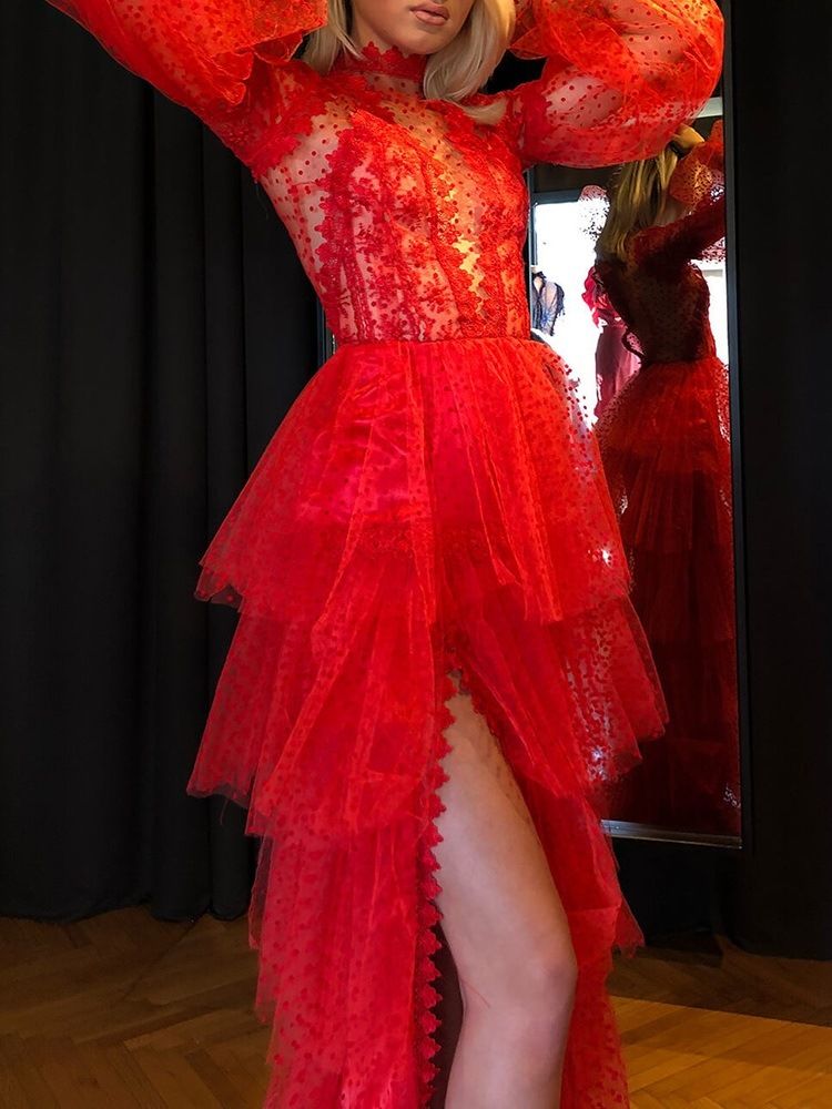 Robe De Soirée Superposée À Taille Haute Et À Manches Longues Pour Femmes