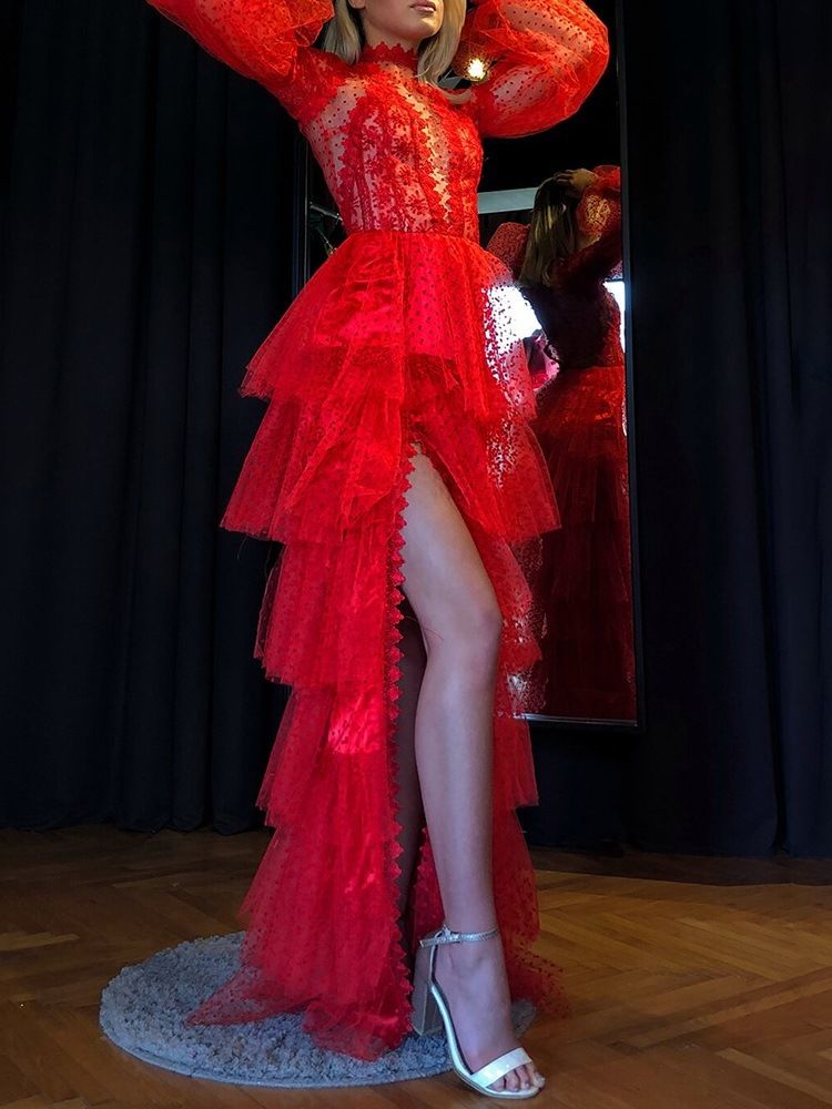 Robe De Soirée Superposée À Taille Haute Et À Manches Longues Pour Femmes