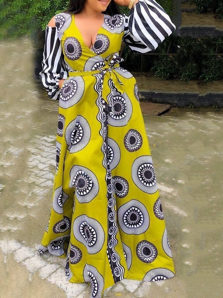 Robe À Taille Haute Avec Poche À Col En V Et Patchwork À La Mode Africaine Pour Femmes