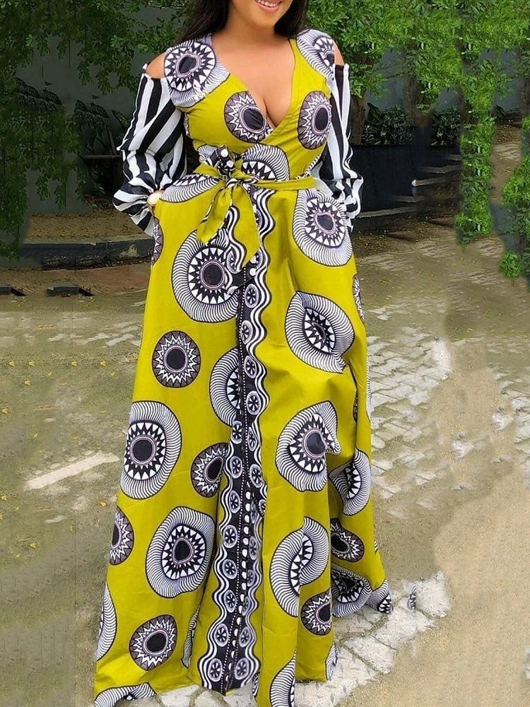 Robe À Taille Haute Avec Poche À Col En V Et Patchwork À La Mode Africaine Pour Femmes