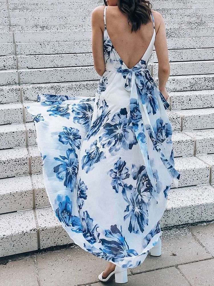 Robe Taille Haute Imprimée Sans Manches Au Sol Pour Femmes