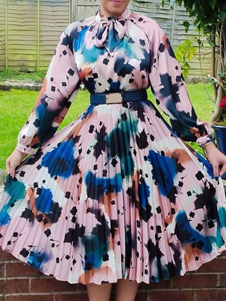 Robe Taille Haute Plissée À Manches Longues Et Imprimé Mi-mollet Pour Femme