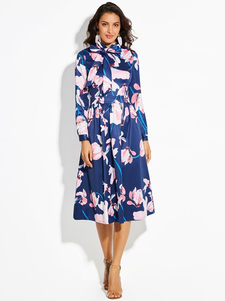 Robe Trapèze À Manches Longues Et À Imprimé Floral Pour Femmes