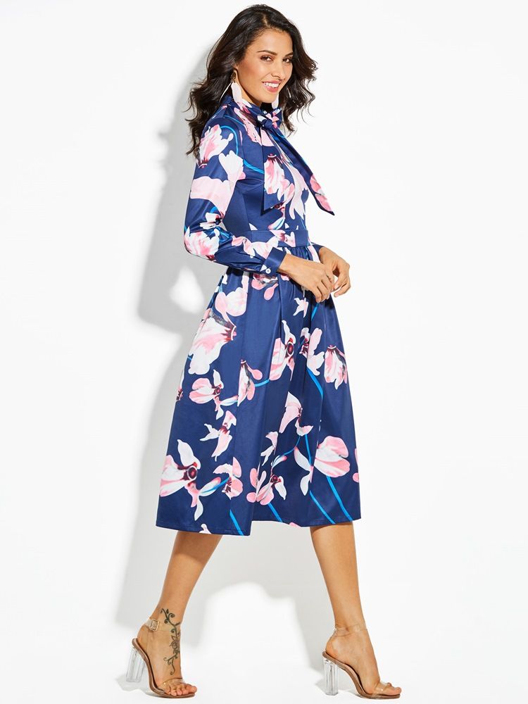 Robe Trapèze À Manches Longues Et À Imprimé Floral Pour Femmes