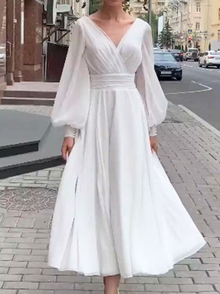 Robe Unie À Manches Longues Et Dos Nu À Col En V Pour Femmes