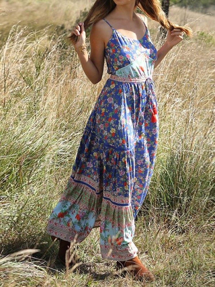 Robe De Voyage Florale Plissée À Longueur De Cheville Pour Femme