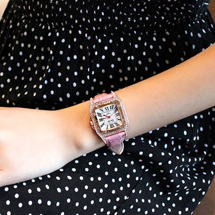 Montre Carrée En Pu Avec Strass Pour Femme