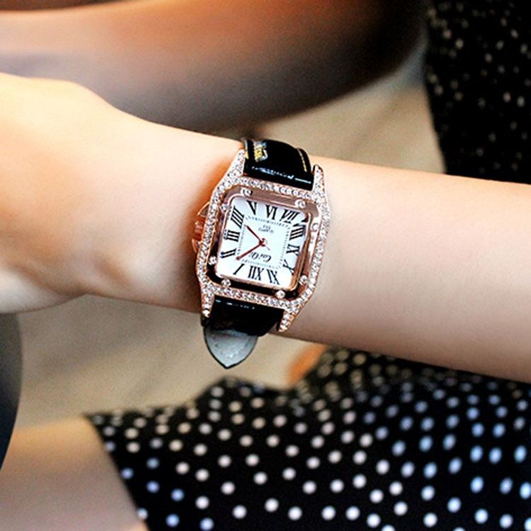 Montre Carrée En Pu Avec Strass Pour Femme