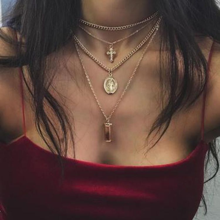 Collier Multicouche À Breloques En Croix Dorées Pour Femmes