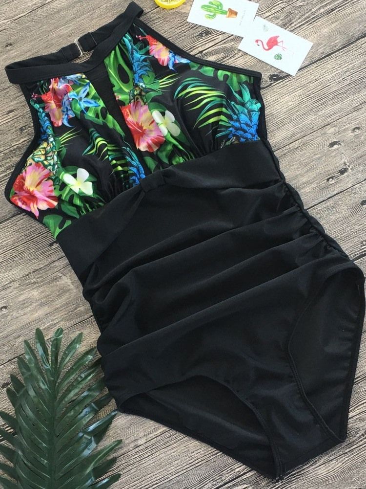 Maillot De Bain Extensible À Fleurs Et Patchwork Plissé Pour Femme