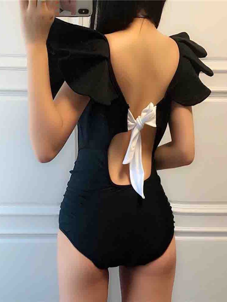 Maillot De Bain Une Pièce Plissé Uni À Lacets Pour Femme