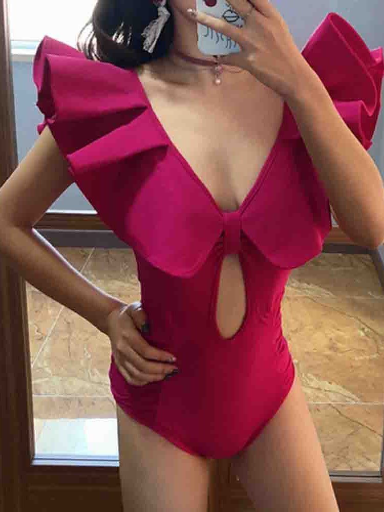 Maillot De Bain Une Pièce Plissé Uni À Lacets Pour Femme