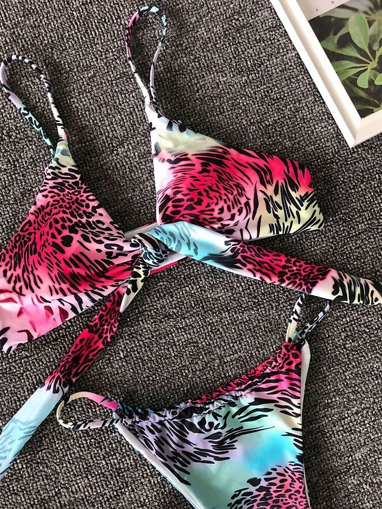 Bikini Sexy À Lacets Avec Nœud De Couleur Et Imprimé Pour Femmes