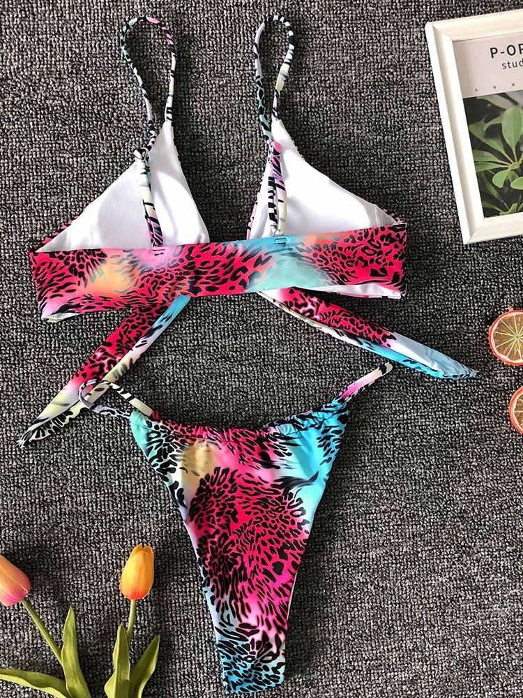 Bikini Sexy À Lacets Avec Nœud De Couleur Et Imprimé Pour Femmes