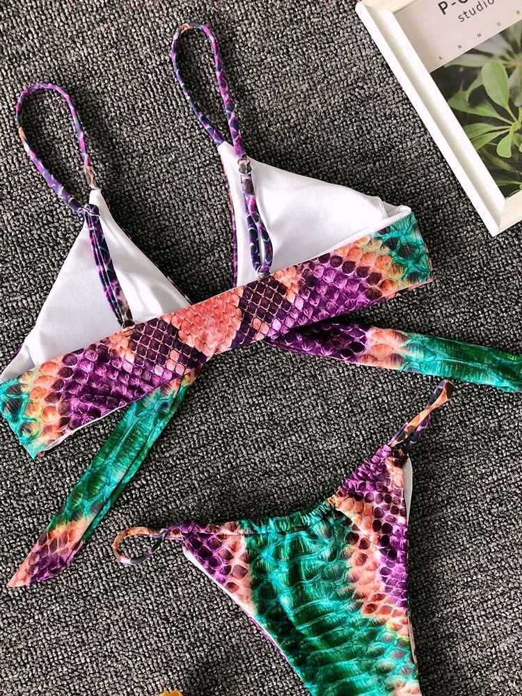 Bikini Sexy À Lacets Avec Nœud De Couleur Et Imprimé Pour Femmes