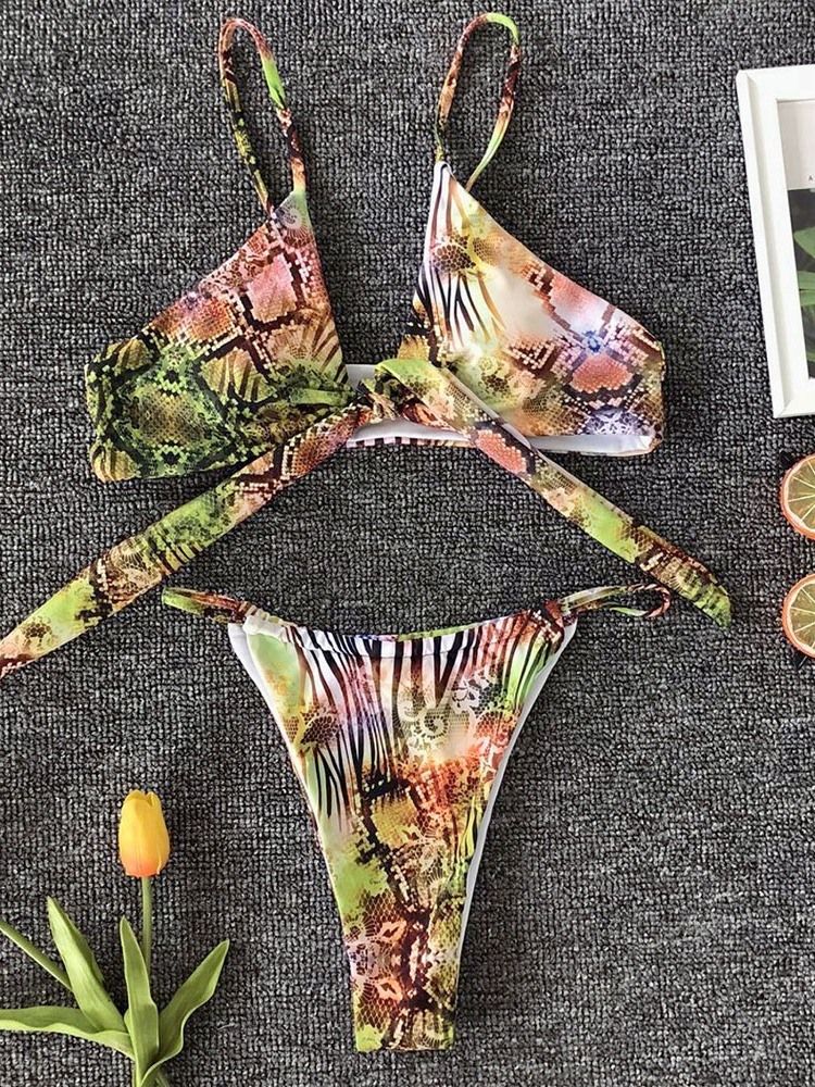 Bikini Sexy À Lacets Avec Nœud De Couleur Et Imprimé Pour Femmes