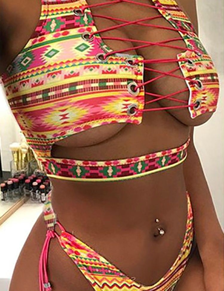 Ensemble De Bikini Creux Imprimé Coloré De Grande Taille Pour Femmes