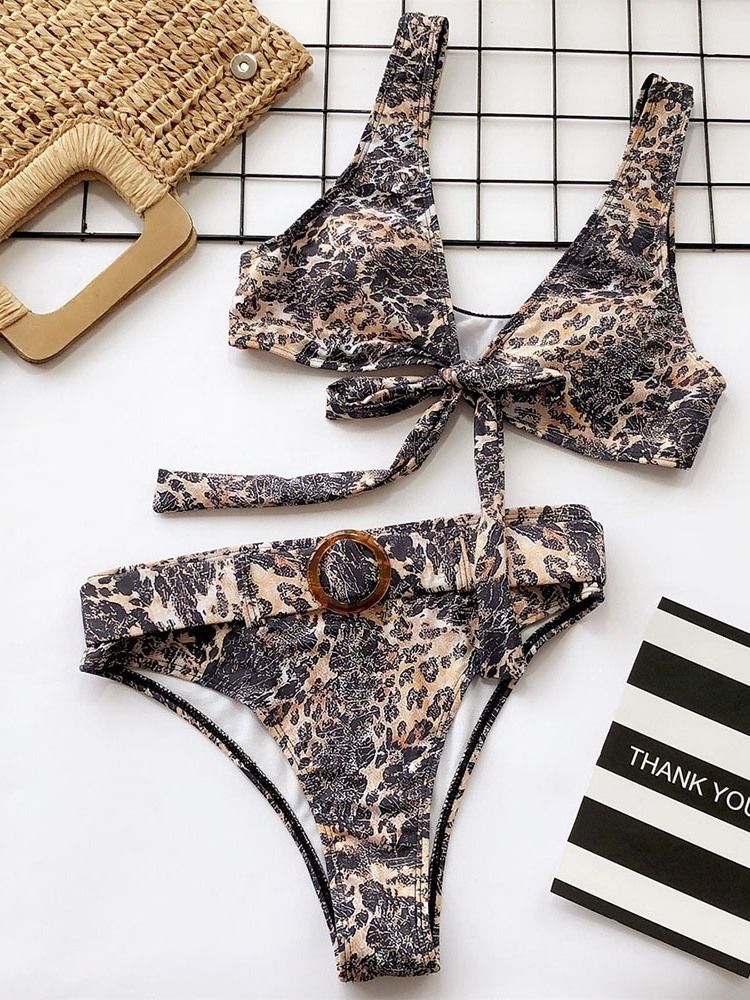 Ensemble De Bikini À Imprimé Léopard À Blocs De Couleurs Pour Femmes