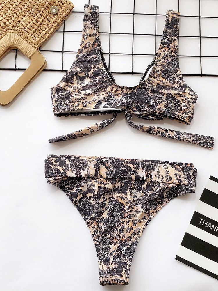 Ensemble De Bikini À Imprimé Léopard À Blocs De Couleurs Pour Femmes