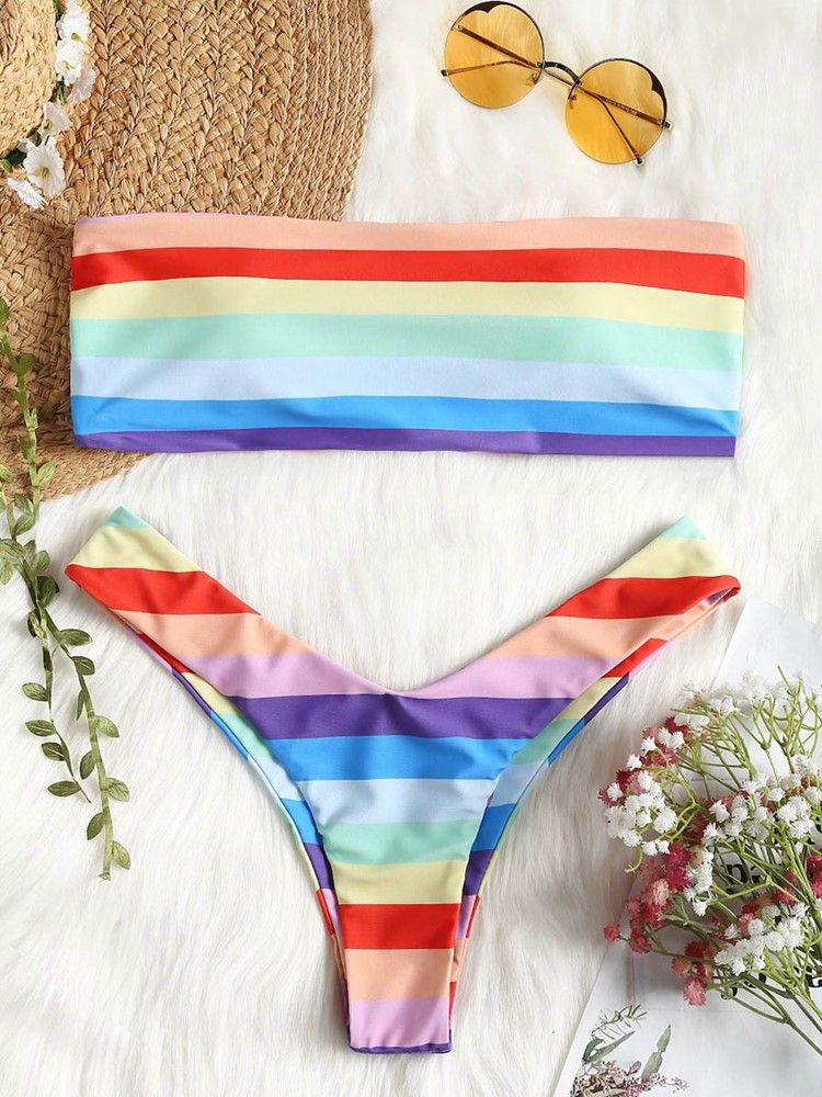 Ensemble De Bikini À Rayures Et À Blocs De Couleurs Pour Femmes