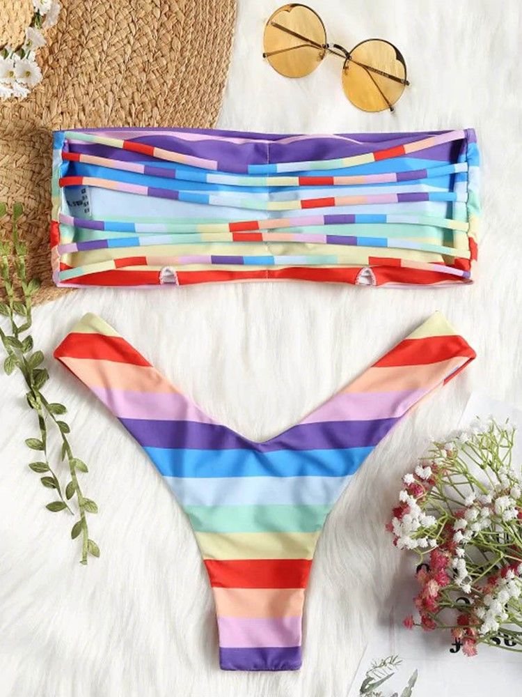 Ensemble De Bikini À Rayures Et À Blocs De Couleurs Pour Femmes