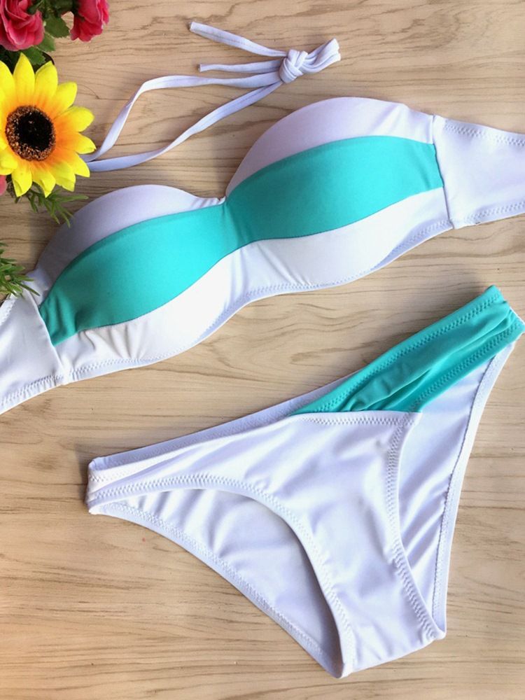 Ensemble De Bikini Sans Bretelles À Blocs De Couleurs Fraîches Pour Femmes (envoi De Bretelles)