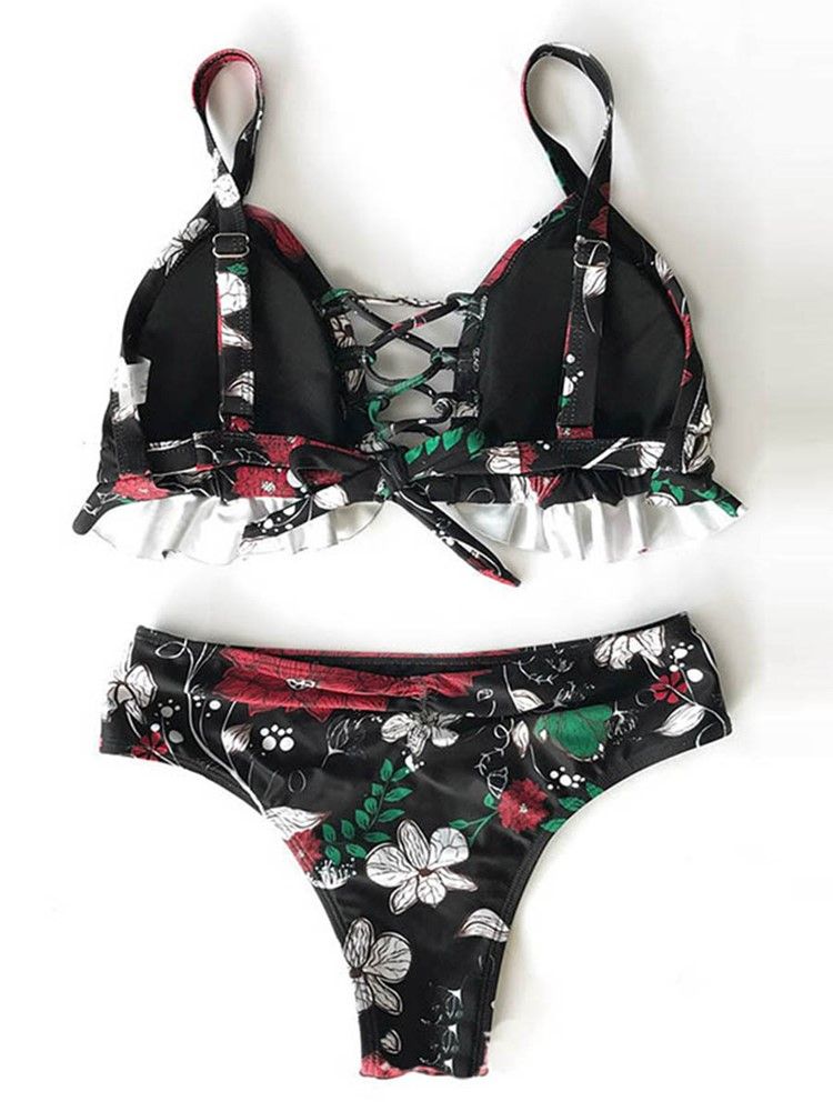 Ensemble De Bikini Sexy Creux À Lacets Floraux Pour Femmes