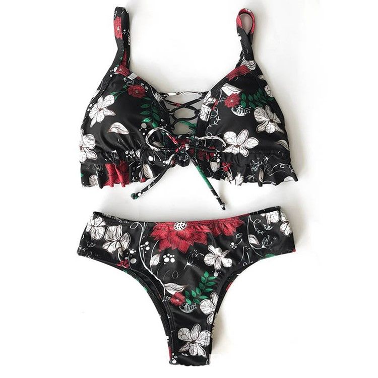 Ensemble De Bikini Sexy Creux À Lacets Floraux Pour Femmes