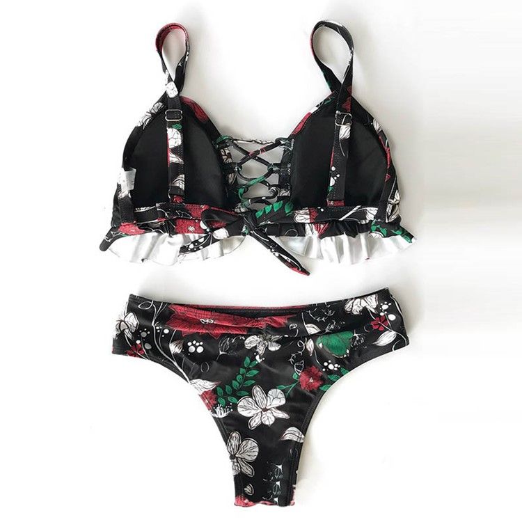 Ensemble De Bikini Sexy Creux À Lacets Floraux Pour Femmes