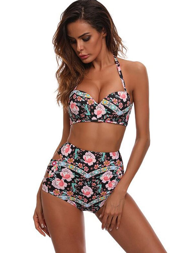 Ensemble De Bikini Taille Haute À Imprimé De Fleurs Creuses Pour Femmes